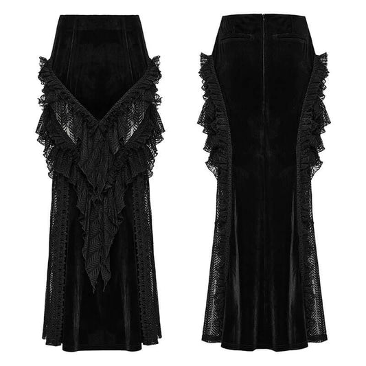 Punk Rave Nera Goth Dynamic Skirt featuring luxurious velvet and delicate lace, adorned with intricate mesh ruffles, ideal for alternative fashion enthusiasts.