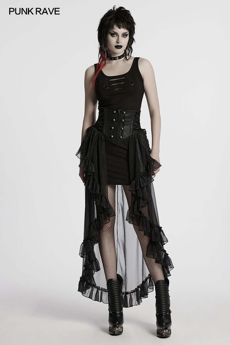 Gothic elegance displayed in the Punk Rave Dila romantic chiffon skirt, featuring a flowing design and stylish side drawstrings for an adjustable fit.
