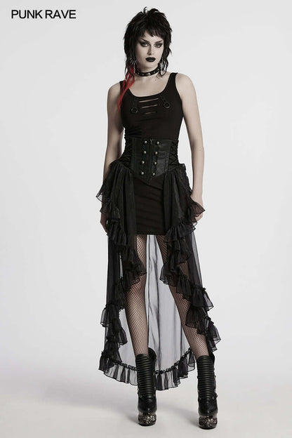 Gothic elegance displayed in the Punk Rave Dila romantic chiffon skirt, featuring a flowing design and stylish side drawstrings for an adjustable fit.
