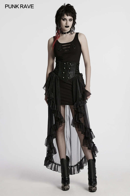 Gothic elegance displayed in the Punk Rave Dila romantic chiffon skirt, featuring a flowing design and stylish side drawstrings for an adjustable fit.
