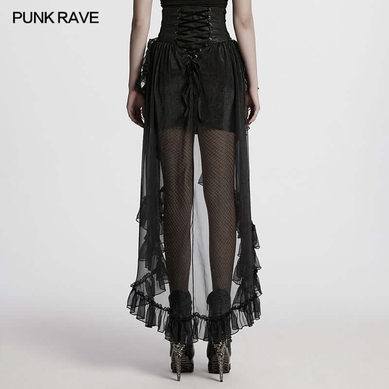 Wearable elegance of Punk Rave Dila chiffon skirt styled with an adjustable back, highlighting comfort, fit, and gothic-inspired fashion motifs.
