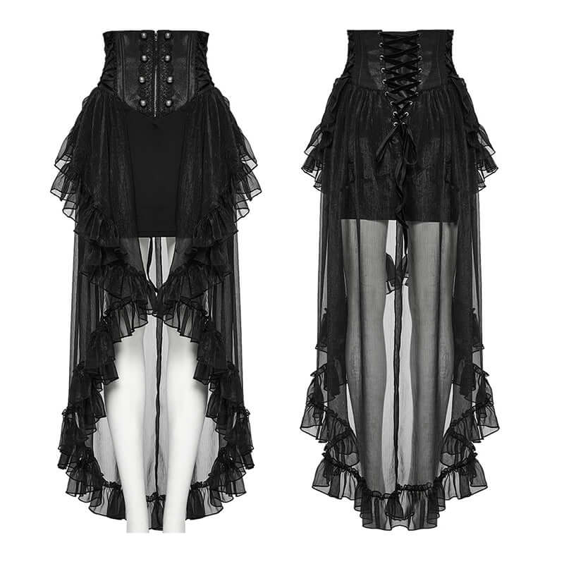 Adjustable fit of the Punk Rave Dila skirt featuring side drawstrings and classical carved buttons for a unique edgy look