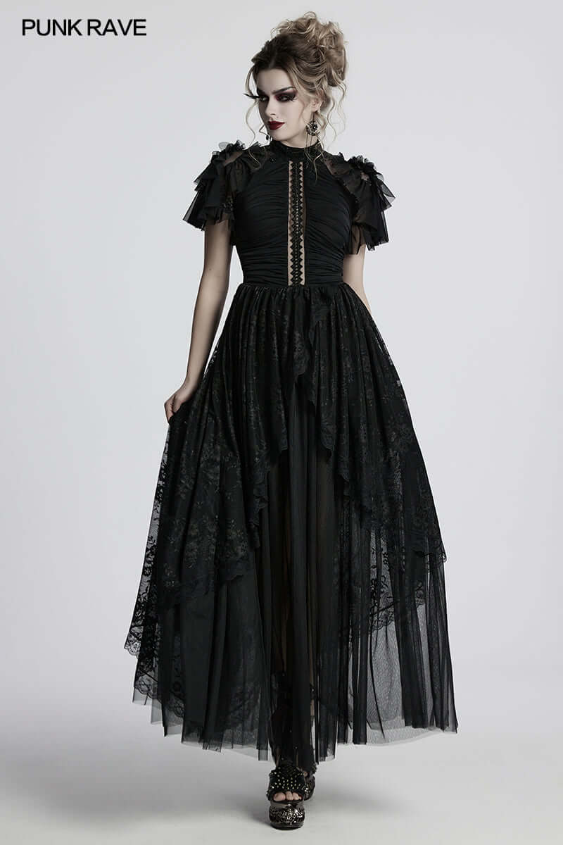 Elegantly crafted Punk Rave Nova Gothic dress featuring intricate lace and mesh fabric, adorned with luxurious bead embroidery and ruffled shoulder details, showcased in a beautifully styled ensemble.