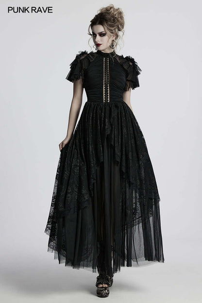 Elegantly crafted Punk Rave Nova Gothic dress featuring intricate lace and mesh fabric, adorned with luxurious bead embroidery and ruffled shoulder details, showcased in a beautifully styled ensemble.