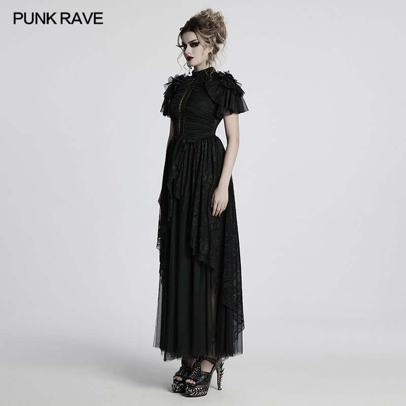 Stunning Punk Rave Nova Gothic Elegant Dress showcasing intricate lace and mesh detailing with delicate bead embroidery on the collar.