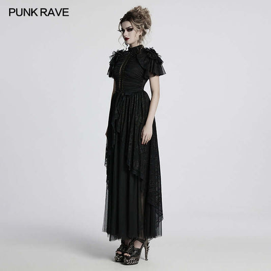 Stunning Punk Rave Nova Gothic Elegant Dress showcasing intricate lace and mesh detailing with delicate bead embroidery on the collar.