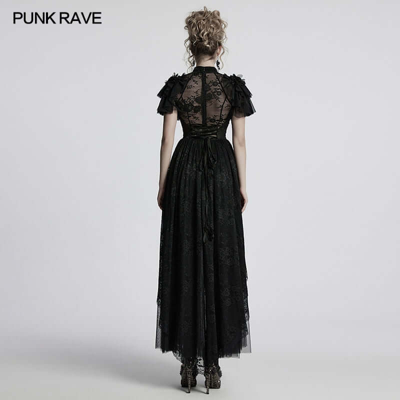 Close-up view of the luxurious ruffled shoulders on the Punk Rave Nova Gothic Dress, adorned with handmade flower accents for an exquisite touch.