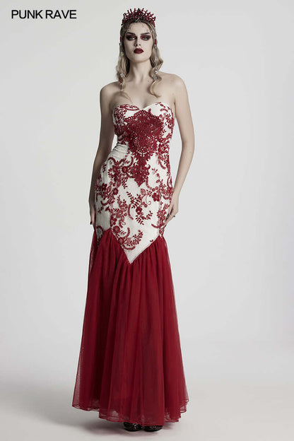 Punk Rave Eladia Gothic glamorous dress featuring intricate sequin floral lace and a flowing gauzy skirt, perfect for enchanting occasions.