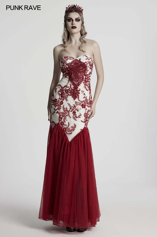 Punk Rave Eladia Gothic glamorous dress featuring intricate sequin floral lace and a flowing gauzy skirt, perfect for enchanting occasions.