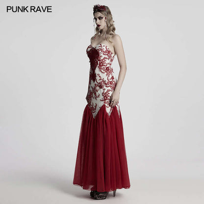 Elegant Punk Rave Eladia Gothic dress showcasing sequin floral lace and a flowing gauzy skirt, designed for a luxurious fit.