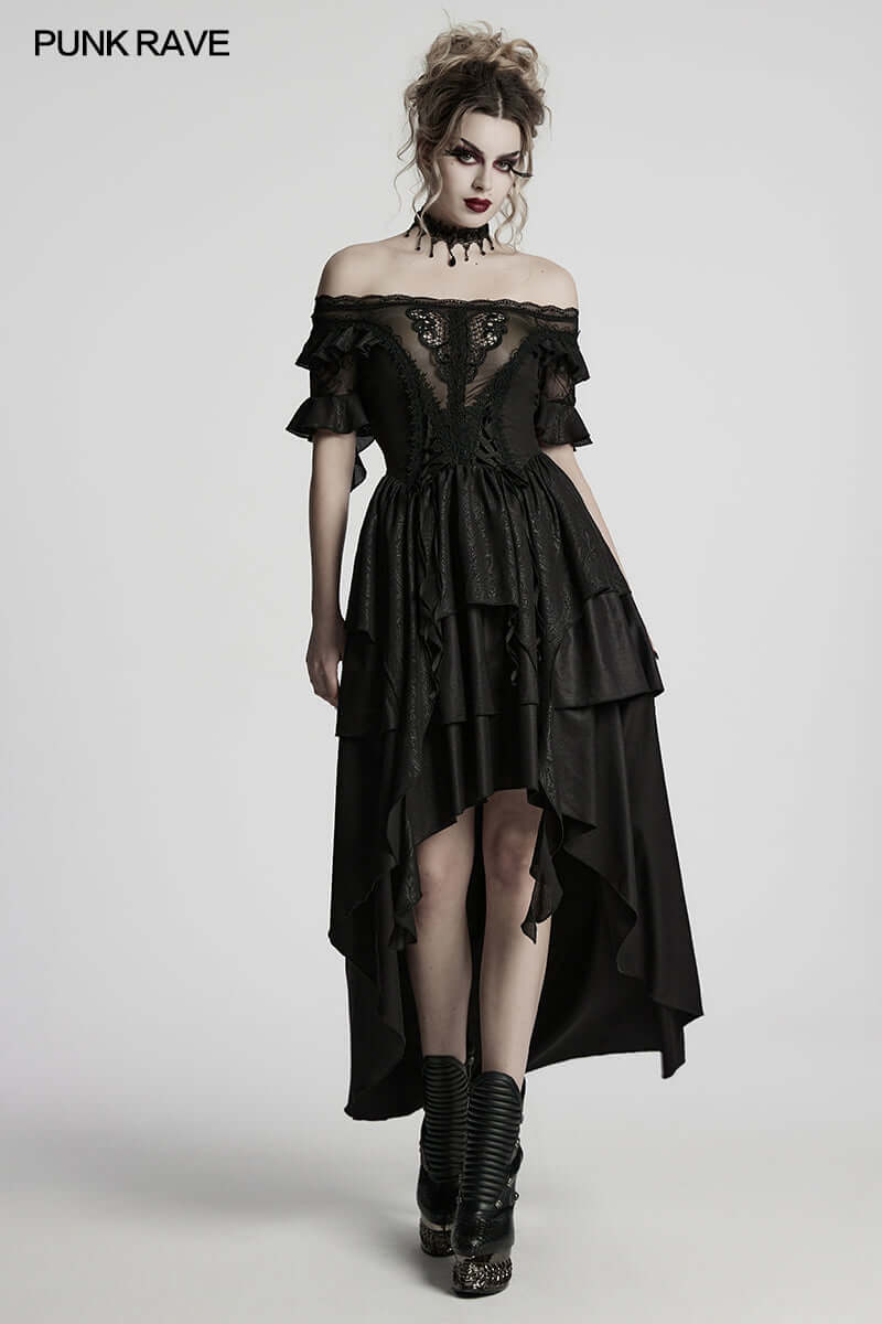 Punk Rave Jezebel Elf Off Shoulder Dress showcasing ruffled sleeves and high-low hem in luxurious printed chiffon, perfect for fantasy-themed occasions.