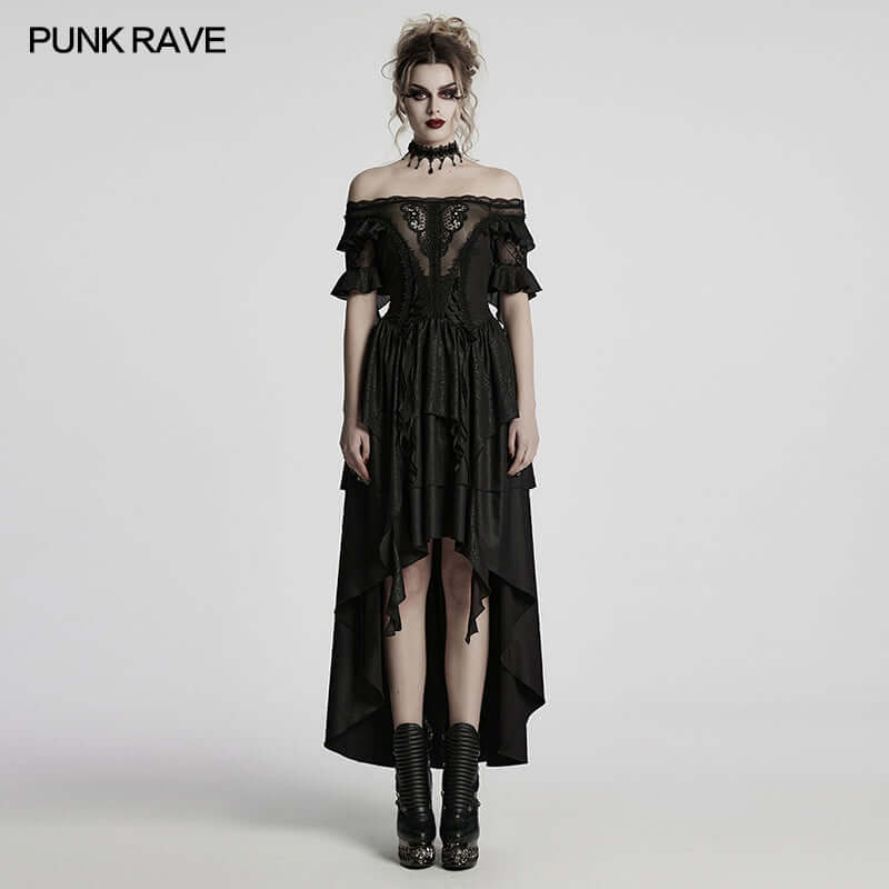 Elegant Punk Rave Jezebel Elf Off Shoulder Dress featuring ruffled sleeves and a high-low hem, crafted from luxurious chiffon.