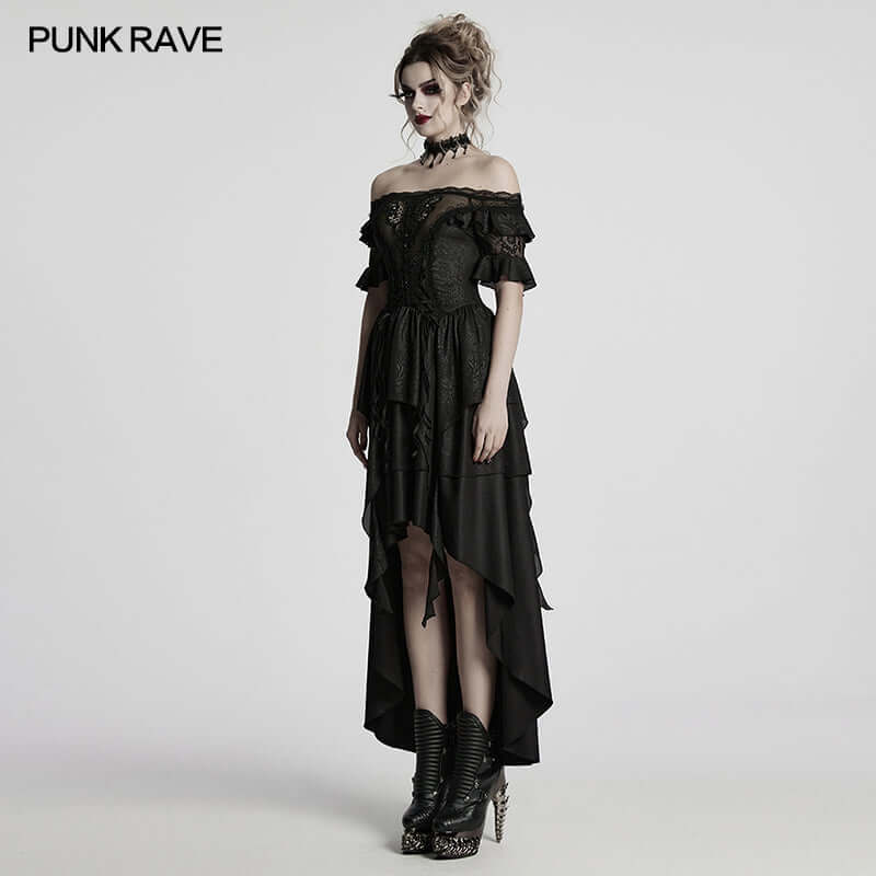 Close-up view of the intricate lace detailing on the Punk Rave Jezebel Elf Dress, showcasing the enchanting hollow applique.