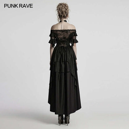 Model wearing the Punk Rave Jezebel Elf Off Shoulder Dress, highlighting the playful off-shoulder design and figure-flattering silhouette.