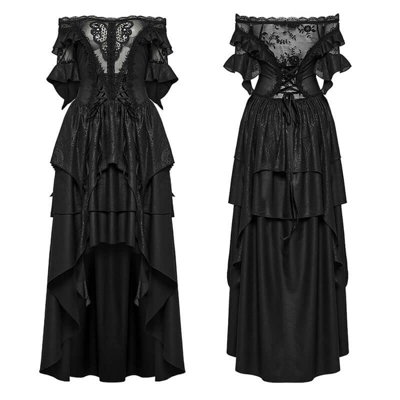 Complete outfit display of the Punk Rave Jezebel Elf Off Shoulder Dress, styled for a fantasy-themed occasion with ethereal accessories.