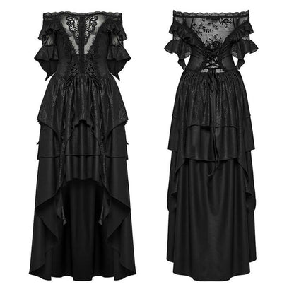 Complete outfit display of the Punk Rave Jezebel Elf Off Shoulder Dress, styled for a fantasy-themed occasion with ethereal accessories.