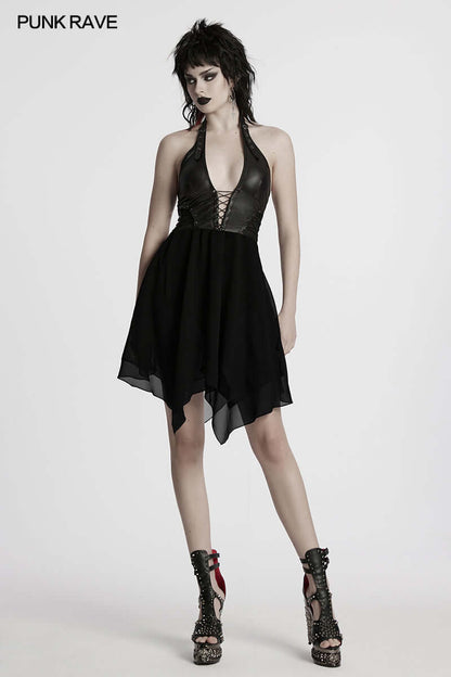 Elegant Punk Rave Tirza Halter Neck Dress showcasing its unique hollow chest design and delicate mesh accents, perfect for a rebellious yet sophisticated style.