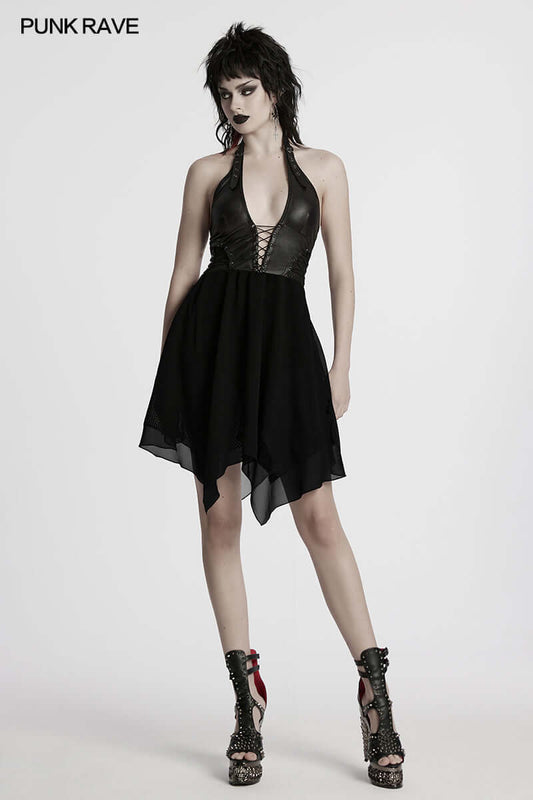 Elegant Punk Rave Tirza Halter Neck Dress showcasing its unique hollow chest design and delicate mesh accents, perfect for a rebellious yet sophisticated style.