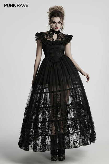 Elegant Punk Rave Seraphina Goth Flying Sleeve Dress featuring intricate velvet floral patterns and a stand-up layered collar, ideal for alternative fashion enthusiasts.
