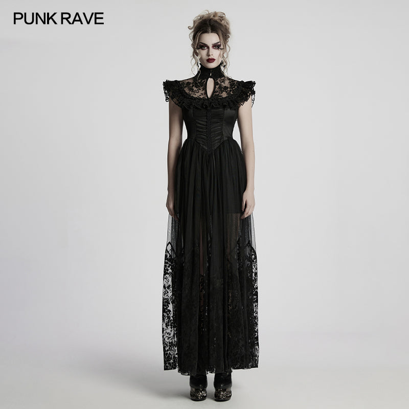Romantic corset-style bodice of the Punk Rave Seraphina Goth Flying Sleeve Dress showcasing lace ruffle trim with luxurious rose and pearl embellishments.