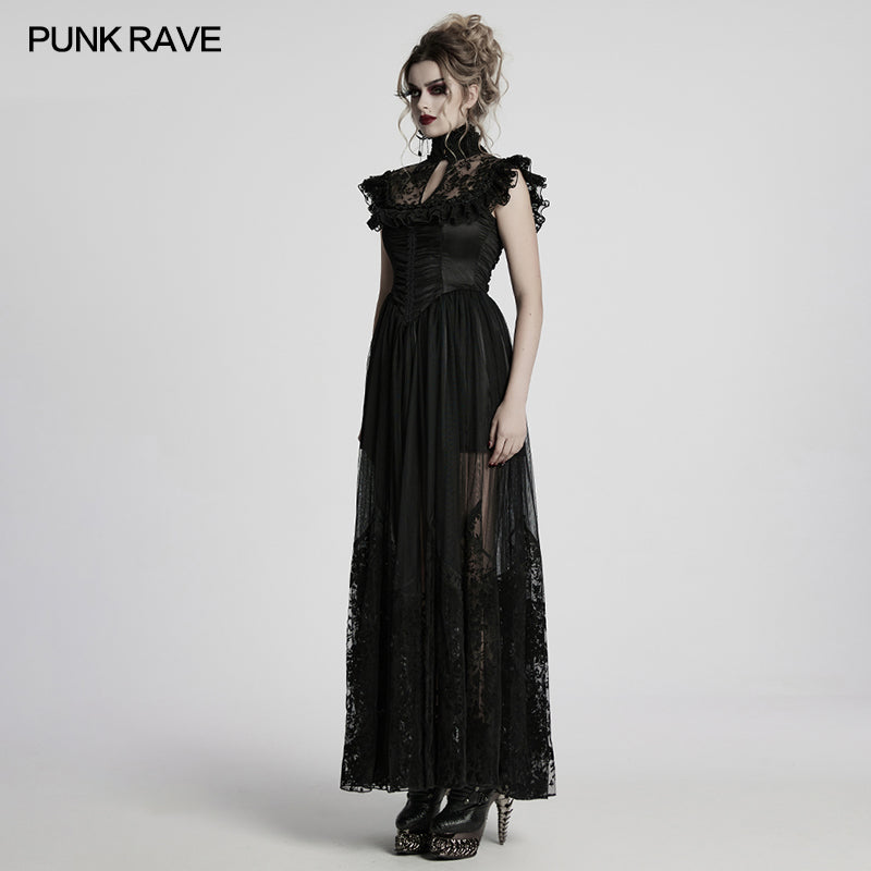 Flowing sheer skirt of the Punk Rave Seraphina Goth Flying Sleeve Dress, enhancing movement with opulent detailing for a captivating gothic aesthetic.