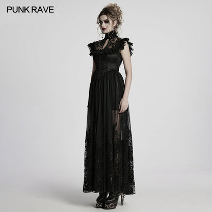 Flowing sheer skirt of the Punk Rave Seraphina Goth Flying Sleeve Dress, enhancing movement with opulent detailing for a captivating gothic aesthetic.