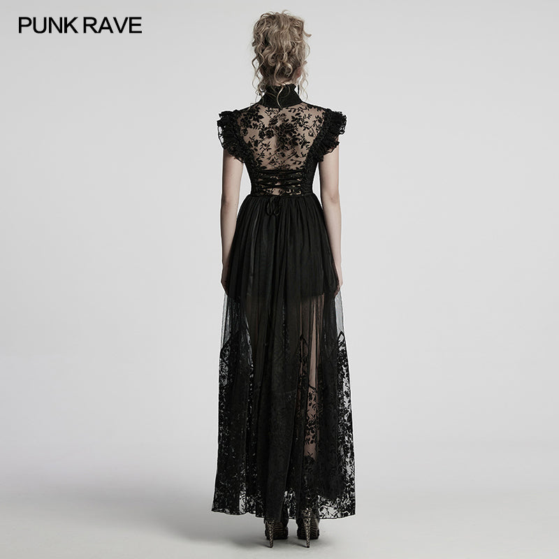 Punk Rave Seraphina Goth Flying Sleeve Dress with luxurious flocking mesh and velvet floral detailing on a dramatic display.