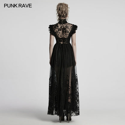 Punk Rave Seraphina Goth Flying Sleeve Dress with luxurious flocking mesh and velvet floral detailing on a dramatic display.