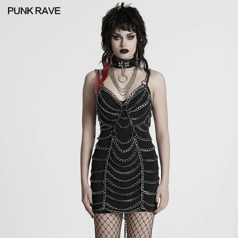 Elegant Punk Rave Anslie Aluminium Chain Dress showcasing a streamlined design, enhancing natural curves with luxurious metal accents.