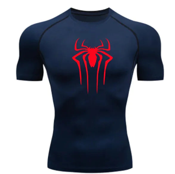 Close-up view of the Spiderman Compression T-Shirt by Dazzling Dreams Studio, highlighting its dynamic fit and vibrant colours.