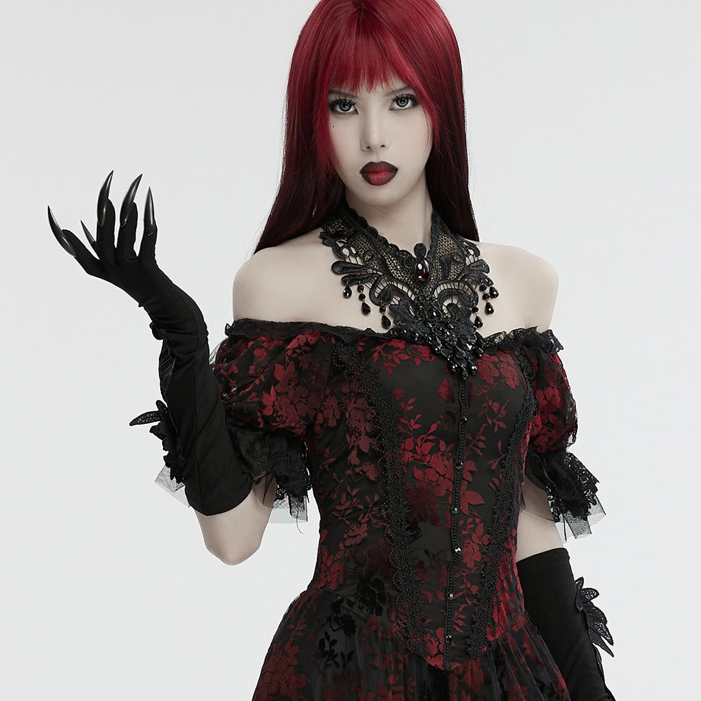 Elegant long black Gothic gloves from Punk Rave Alectrona collection, featuring detailed embroidery and striking claw accents for a luxurious gothic look.