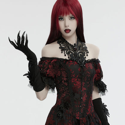 Elegant long black Gothic gloves from Punk Rave Alectrona collection, featuring detailed embroidery and striking claw accents for a luxurious gothic look.
