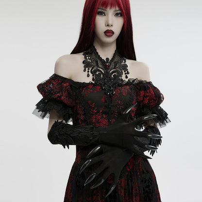 Punk Rave Alectrona Gothic Claw Gloves showcasing intricate embroidery and fierce long black design, perfect for gothic fashion enthusiasts.