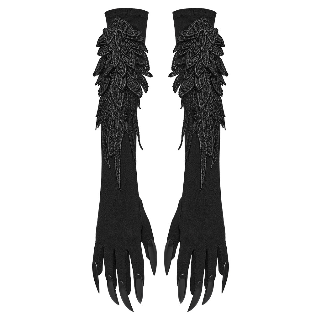 Punk Rave Alectrona Gothic Claw Gloves showcasing intricate black embroidery and fierce claw design, perfect for high-fashion gothic styles.