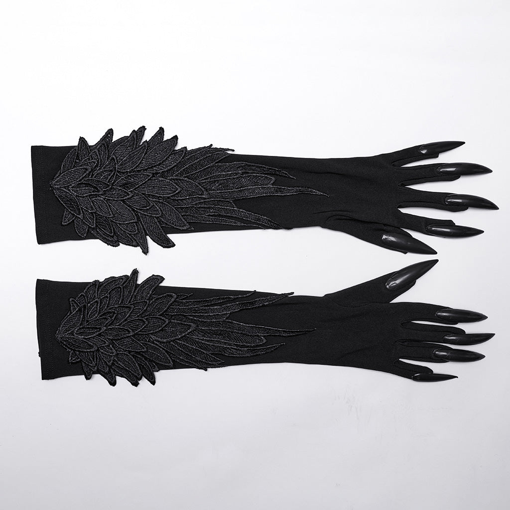 Dramatic Punk Rave Alectrona Gothic Claw Gloves with exquisite embroidery and elongated claws, ideal for an impactful goth aesthetic.