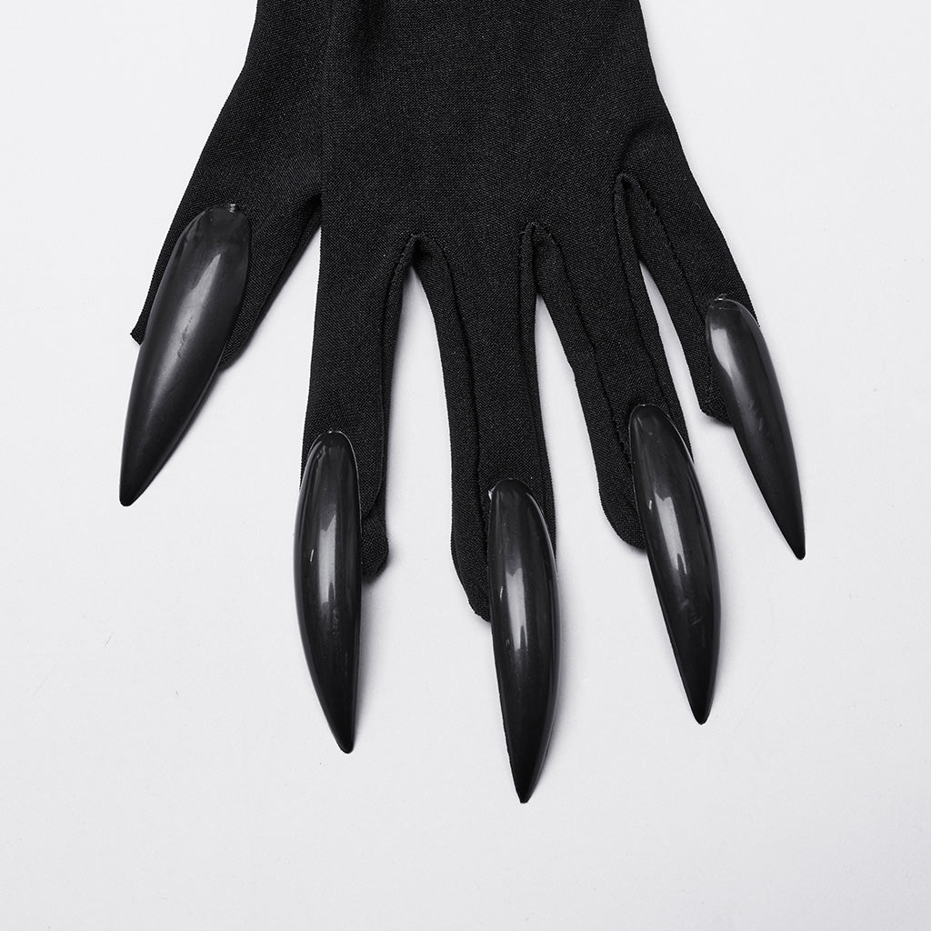 Elegant Punk Rave Alectrona Gothic Claw Gloves featuring intricate embroidery and dramatic black claws, designed for a high-fashion goth look.