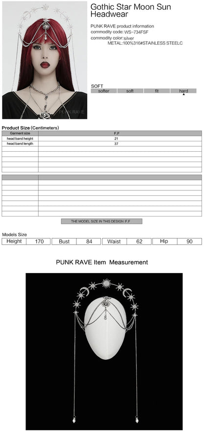 Punk Rave Estrella Tiara displayed elegantly against a soft background, highlighting its unique design with sun, moon, and star details.