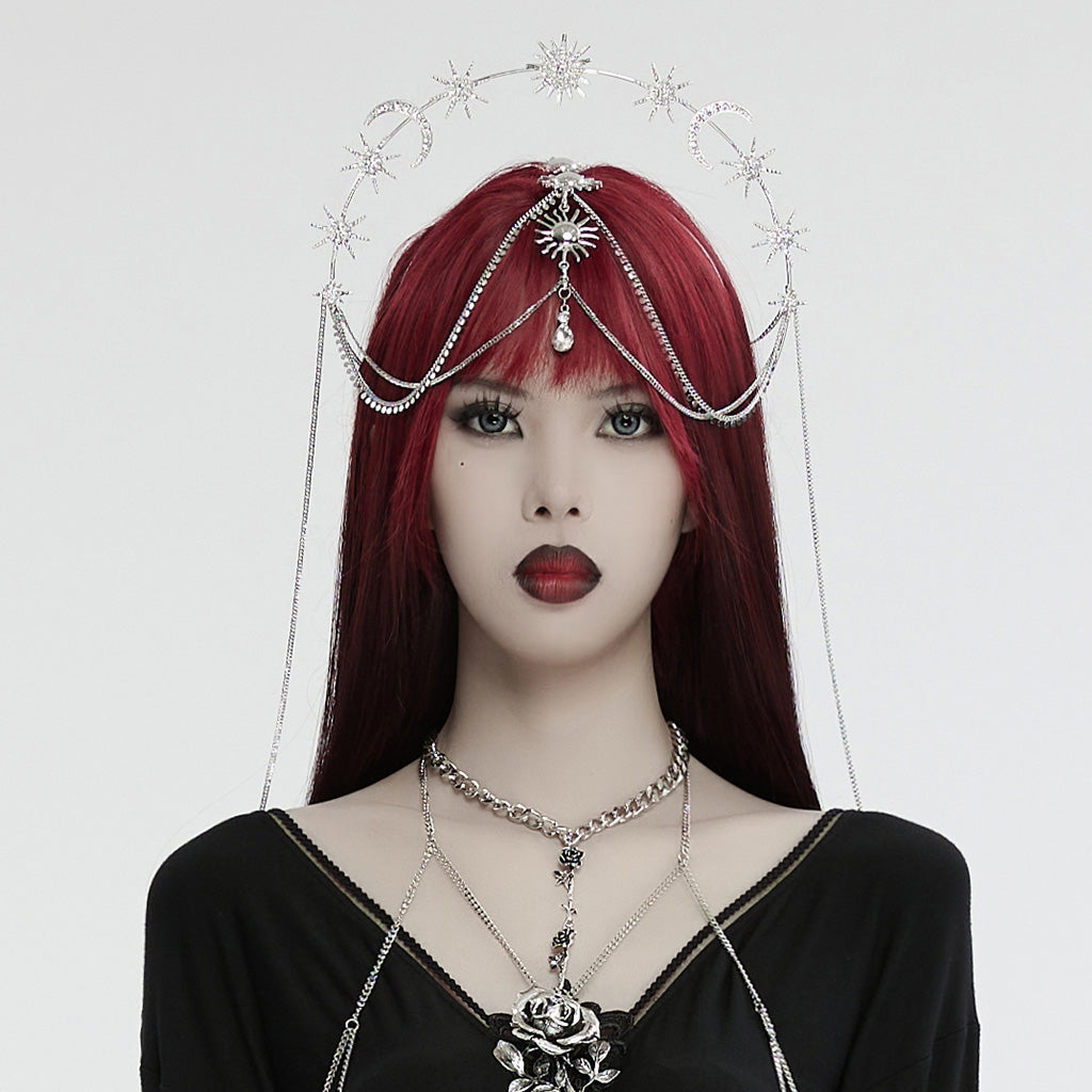 Punk Rave Estrella Tiara, a luxurious stainless steel crown adorned with intricate sun, moon, and star charms, embodying celestial punk aesthetics.