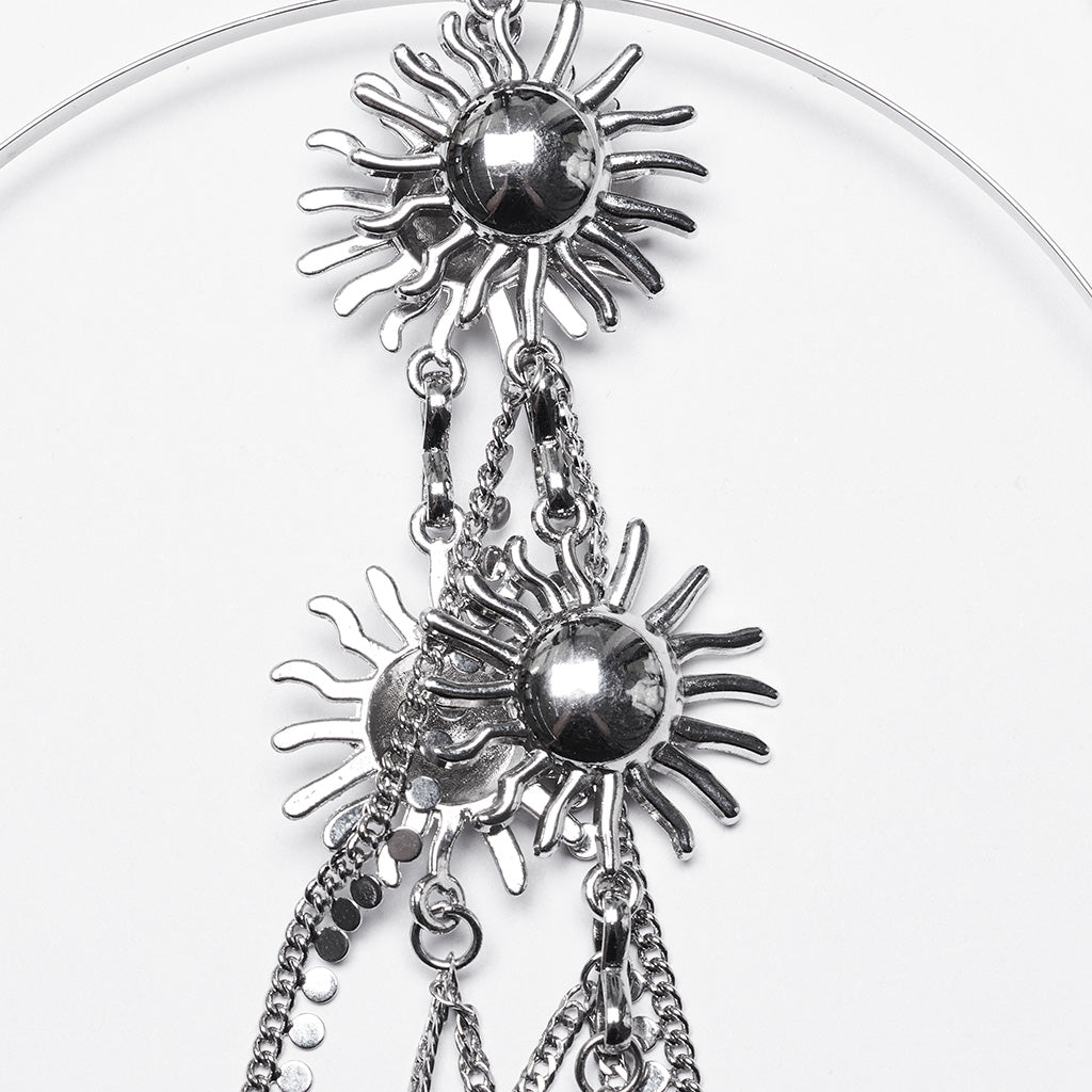 Stylish model wearing the Punk Rave Estrella Tiara, enhancing the festival outfit with celestial charms and luxury stainless steel.