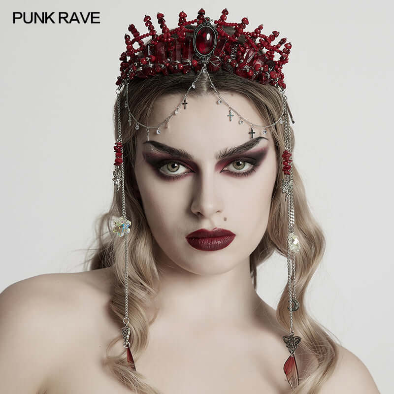Punk Rave Effie Red Crystal Headband showcasing gothic gemstone and elegant chain tassels, ideal for alternative fashion lovers.