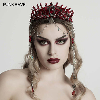 Punk Rave Effie Red Crystal Headband showcasing gothic gemstone and elegant chain tassels, ideal for alternative fashion lovers.