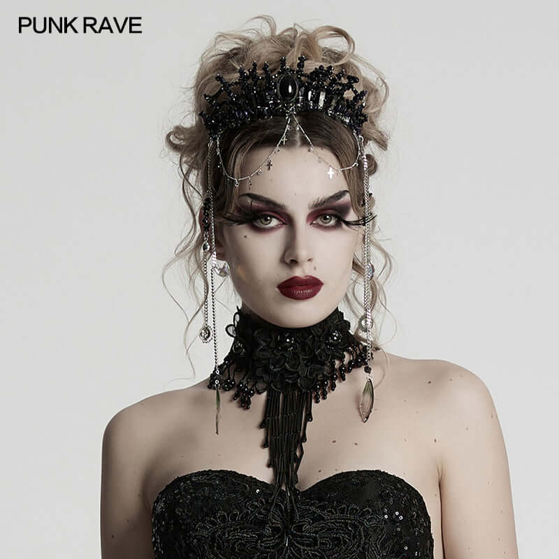 Punk Rave Effie Black Crystal Headband showcasing handcrafted gothic elegance with natural black crystals and shimmering chain tassels, perfect for a stylishly dark soirée.