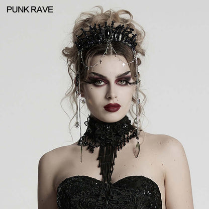 Punk Rave Effie Black Crystal Headband showcasing handcrafted gothic elegance with natural black crystals and shimmering chain tassels, perfect for a stylishly dark soirée.