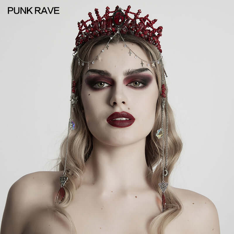 Close-up view of the stunning gothic gemstone on the Punk Rave Effie Headband, sparkling with rich red crystals and intricate detailing.