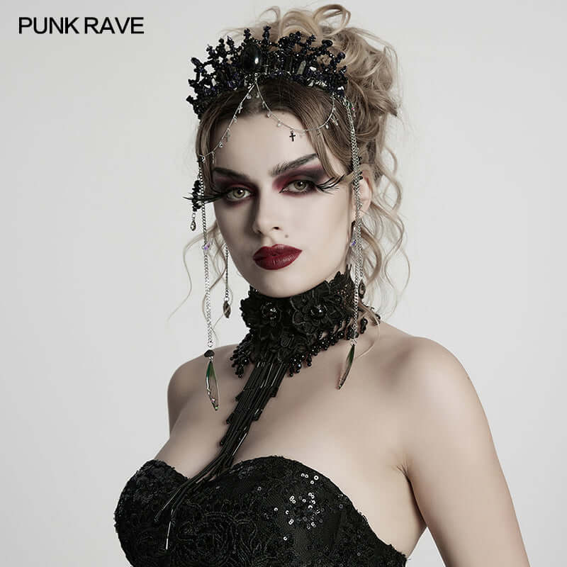 Close-up view of the Punk Rave Effie Black Crystal Headband featuring irregular stones and a dazzling gemstone centerpiece, exemplifying luxurious gothic style for fashion-forward individuals.
