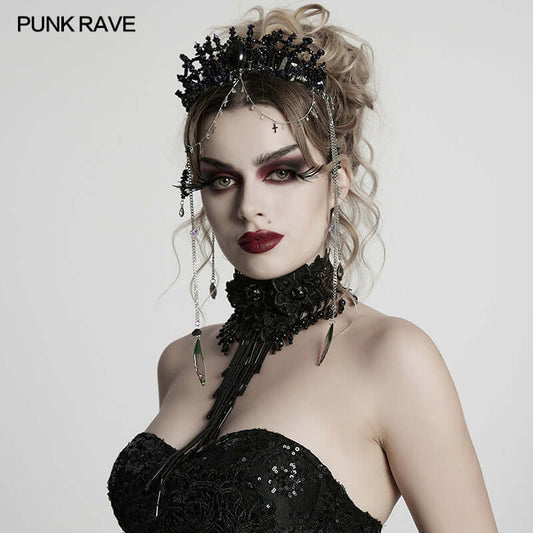 Close-up view of the Punk Rave Effie Black Crystal Headband featuring irregular stones and a dazzling gemstone centerpiece, exemplifying luxurious gothic style for fashion-forward individuals.