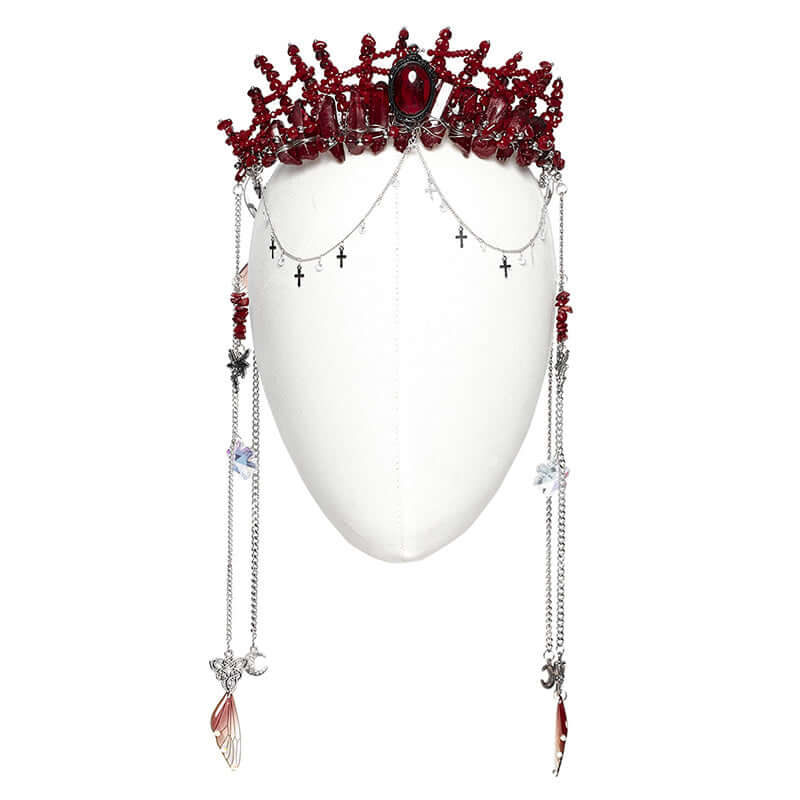 Model wearing the Punk Rave Effie Red Crystal Headband, embodying the perfect blend of rebellious attitude and high-end alternative fashion.