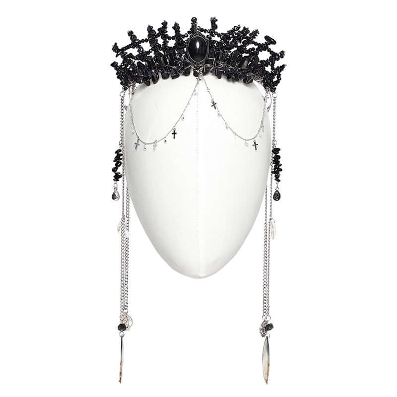 Close-up of the Punk Rave Effie Headband showcasing natural black crystals and dazzling gemstone, perfect for gothic fashion.