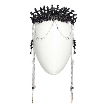 Close-up of the Punk Rave Effie Headband showcasing natural black crystals and dazzling gemstone, perfect for gothic fashion.