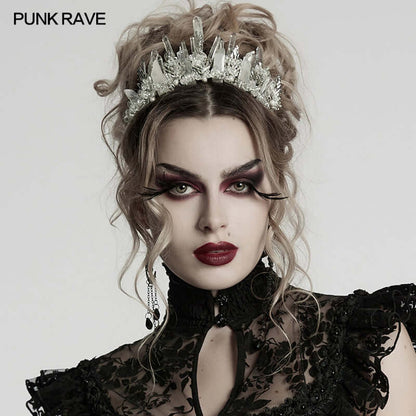 Elegant handcrafted Punk Rave white crystal headband featuring a frosted crown design, exuding a luxurious ice princess aesthetic, perfect for adding sparkle to any outfit.